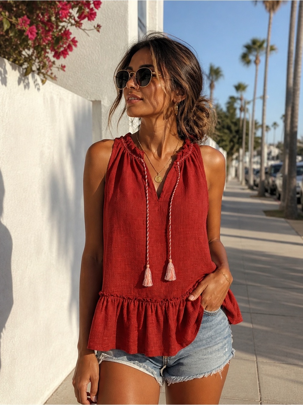 Max Studio Red Boho Peplum Tank Top Tassel Tie Sleeveless Blouse Festival—Large